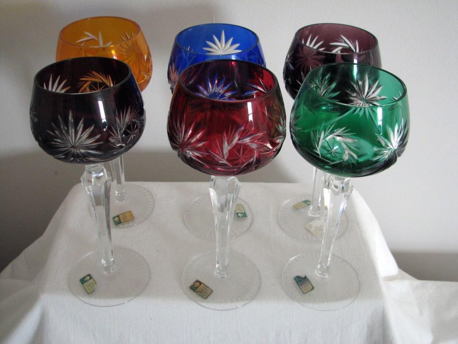 6 rainbow color wine goblets CUT TO CLEAR German vintage lead crystal