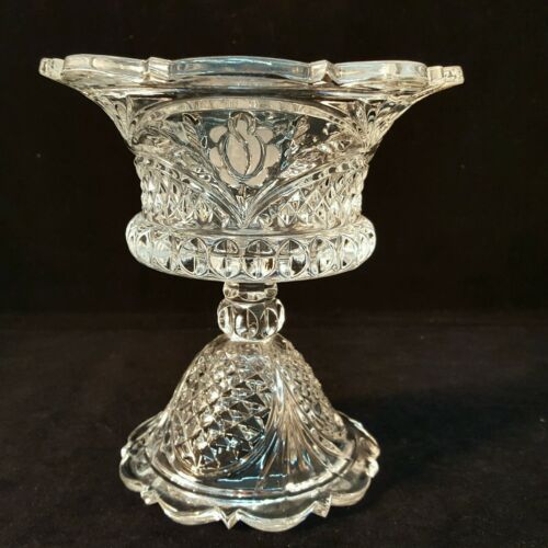 Vintage Compote Clear Crystal Cut Etched Flowered Glass Compote
