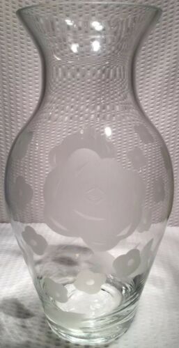 (1) ~ 11 3/4” Large Clear Glass Vase Cut & Etched With Flowers