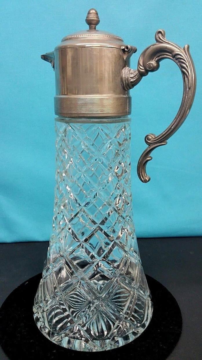 Crystal Water Pitcher by Godinger Italy Silverplate Handle, Cover, Lid