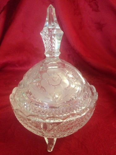 Steeples Finial Lid Crystal Candy Dish 3-footed Etched Flower