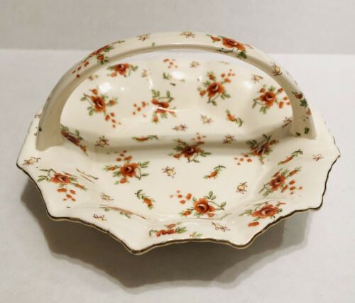 Vintage Orange Roses Floral Pattern Ceramic Basket Candy Dish Marked MM Japan