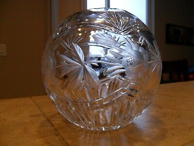 LRG CRYSTAL ROSE BOWL W/GRAY CUT GLASS ROSES/LEAVES/SWAGS 5 1/2 LBS EUC 1940's?