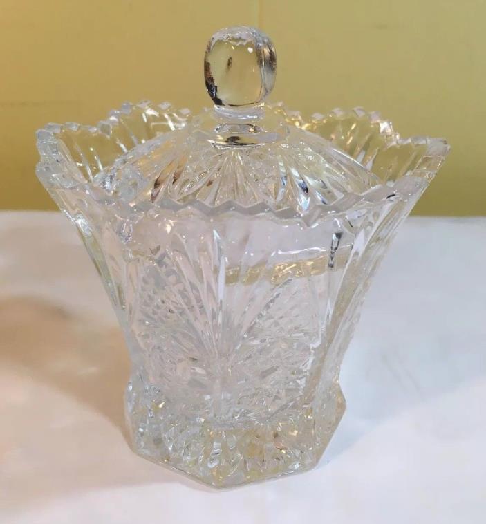 Vintage Cut Glass Condiment, Candy or Sugar Dish with Lid - Art Deco