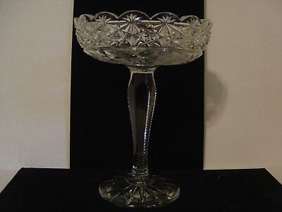 VINTAGE CUT GLASS TALL COMPOTE DISH DAISY FLORAL AND SCALLOPED RIM 7-7/8