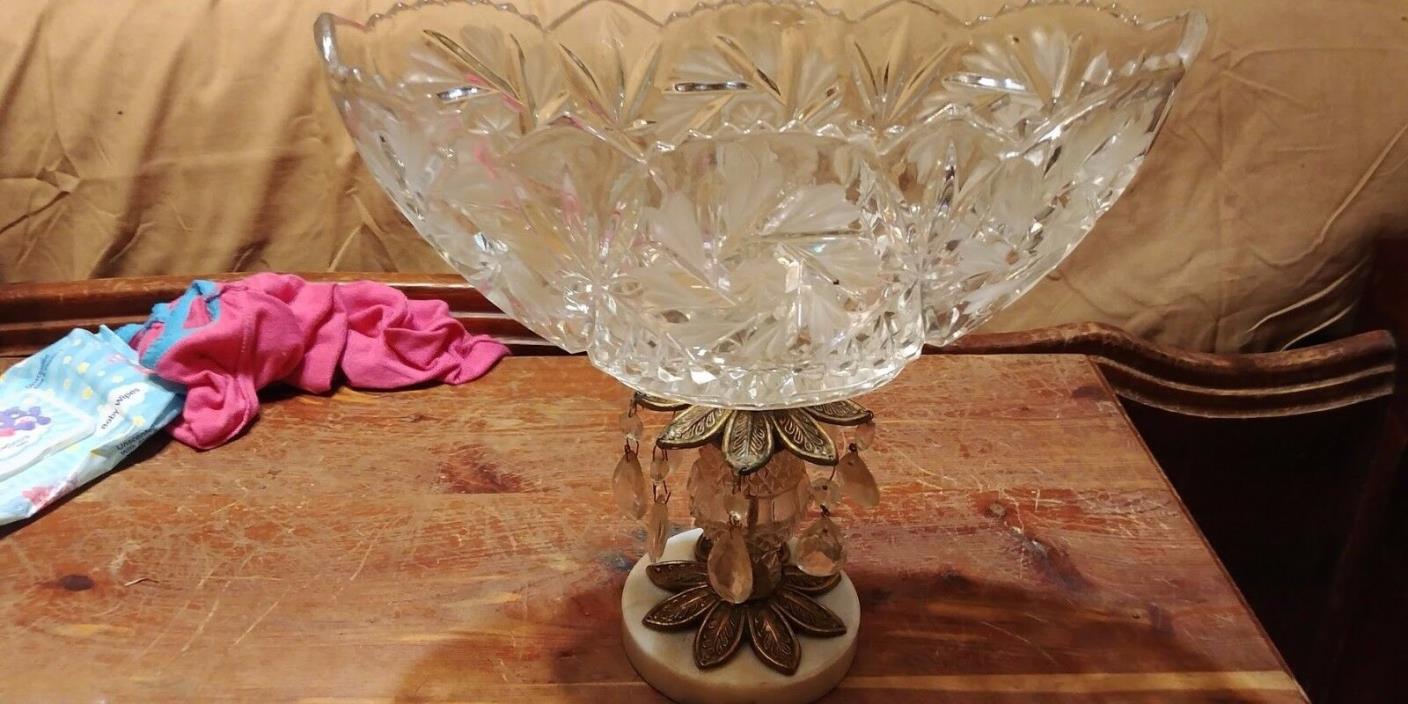 Cut Glass Bowl With Brass Pedestal On Marble Base, Prisms.  Crystal Bowl Compote