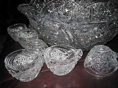 American Victorian Cut Crystal Large Punch Bowl with 8 cups 16 1/4