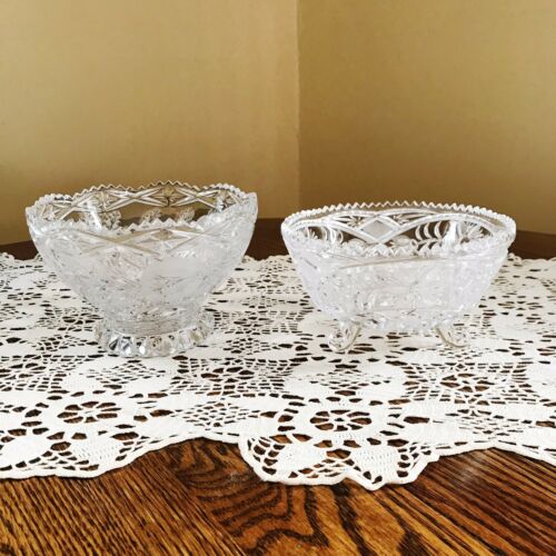 Two Vintage Cut Glass Bowls Candy Dishes Nuts Footed Pedestal