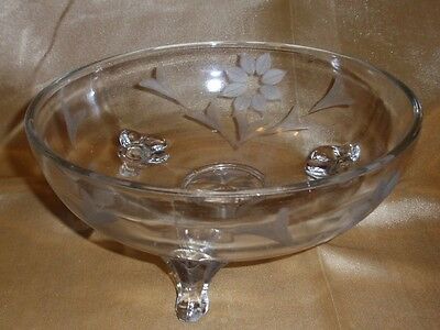Clear Etched Flowers 3 Footed Compote