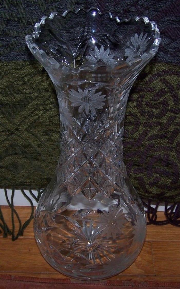 Cut Glass Vase Saw Tooth Rim Daisies Cross Cuts With Cross Sunburst Bottom 12