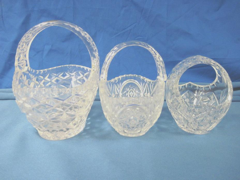 3 Lead Crystal Baskets with Handles Heavy Clear Cut Glass