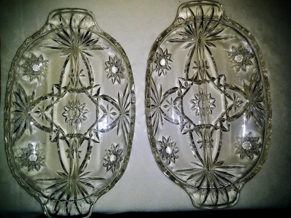 Set of 2 Clear Cut Glass Divided Relish Tray Scalloped Edges with Handles ABP 2