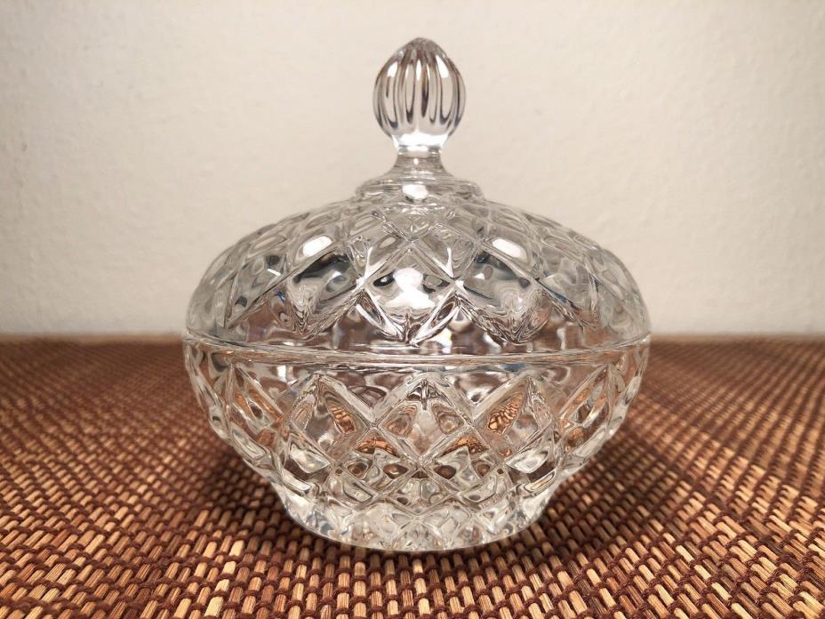 Vintage Crystal Glass Candy Dish with Lid Diamond Pattern Heavy Small