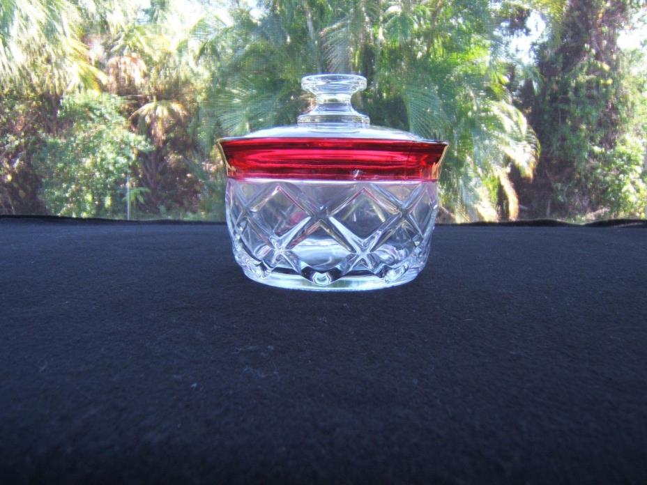COVERED VINTAGE CRYSTAL DISH WITH RED TOP