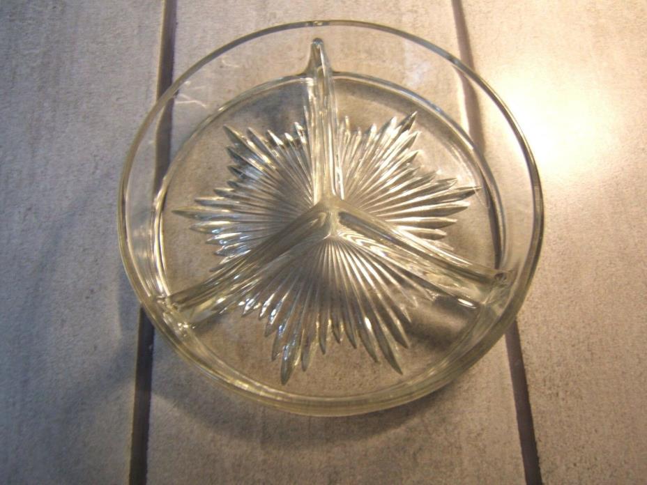 VINTAGE LEAD CRYSTAL 3 COMP. DIVIDED DISH WITH STARBURST DESIGN FREE SHIPPING