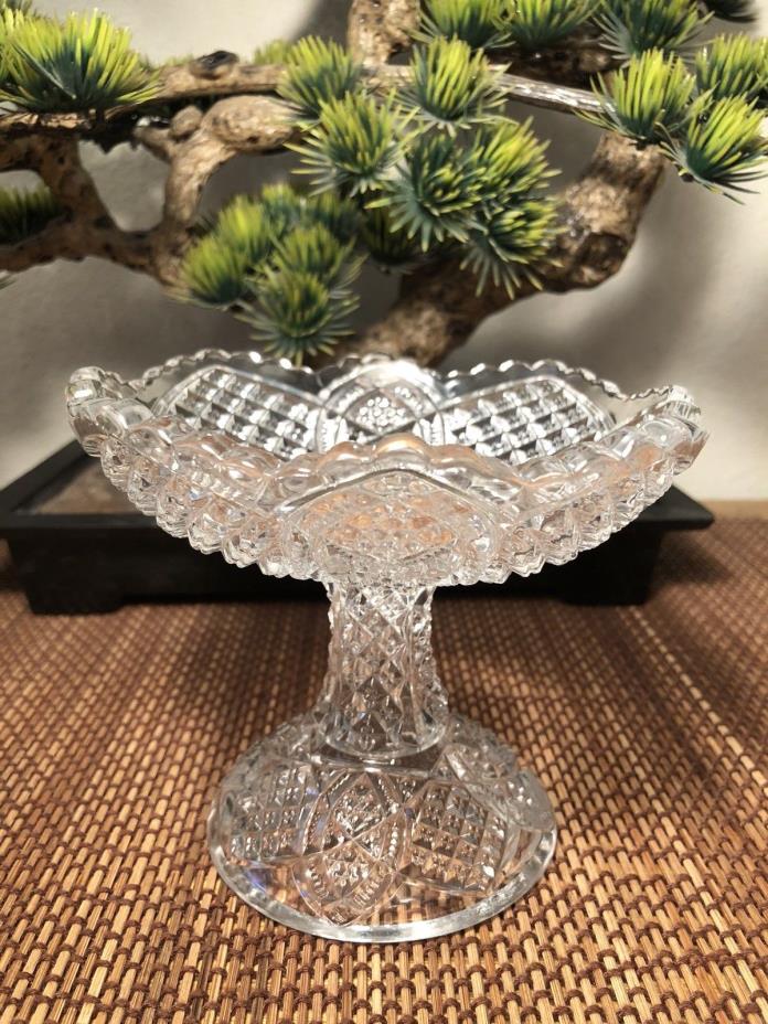 Vintage Small Crystal Cut Press Glass Pedestal Candy Nut Dish Bowl