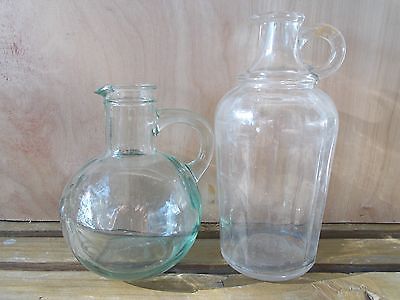 2 Vintage Glass Small Syrup Pitchers finger handles Green & Clear Bubbles seamed