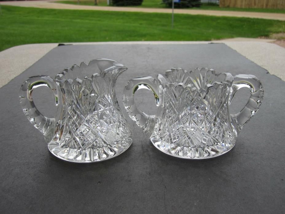 Quality Old Heavy Cut Glass Fans & Diamonds Pattern Decorated Cream & Sugar Set