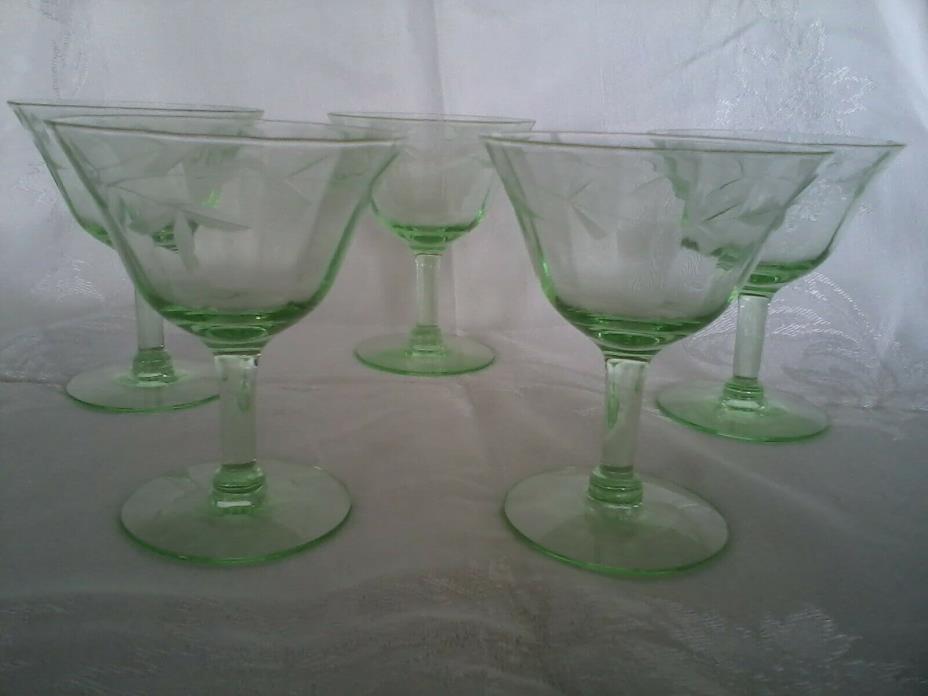 5 GREEN DEPRESSION GLASS WINE GLASSES ETCHED FLOWERS, MAYBE CHAMPAGNE