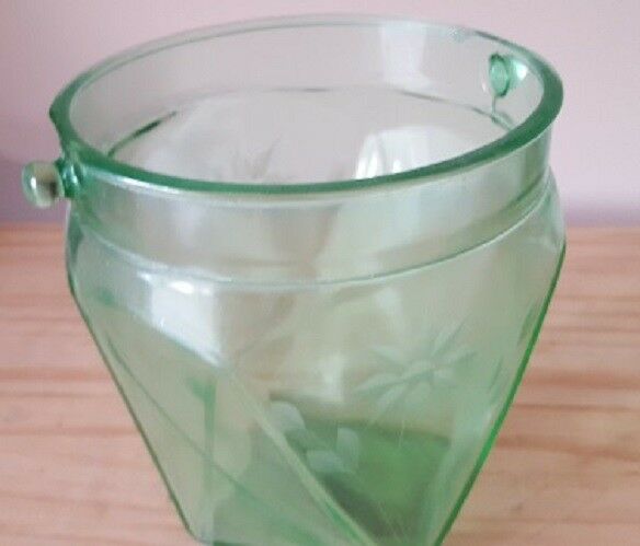 Vintage Green Depression Glass Etched Ice Bucket
