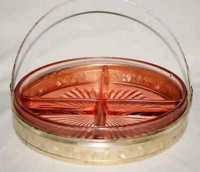 Vintage Pink Depression Glass 4 Part Dish in Silver Basket   #1515