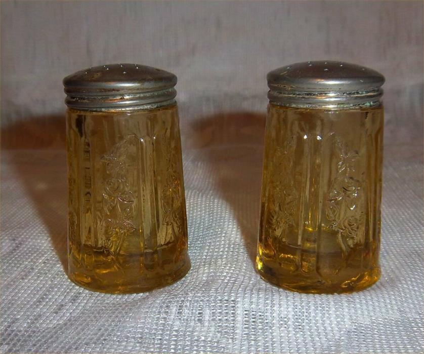 Vintage Depression Glass Sharon Amber Cabbage Rose Salt and Pepper Shakers