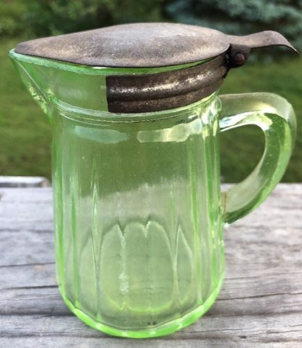 Antique Green Vaseline Glass Ribbed Syrup Pitcher With Marked Tin Spring Lid