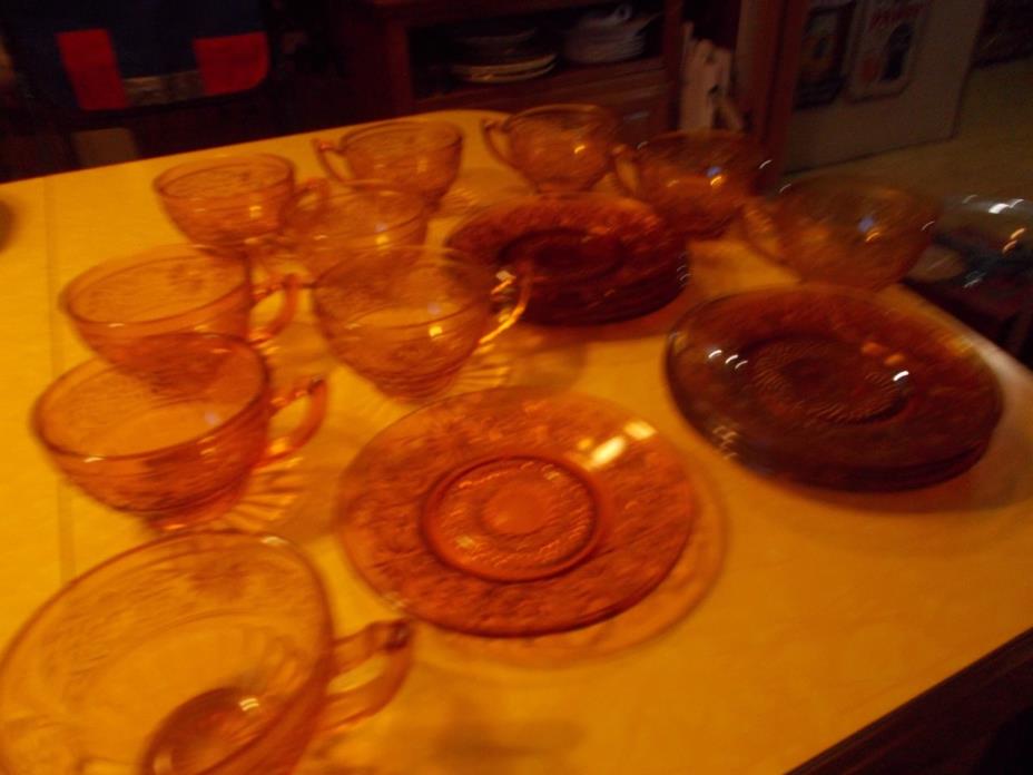Amber Depression Glass Daisy Pattern Set 10 Cups & Nine Saucers