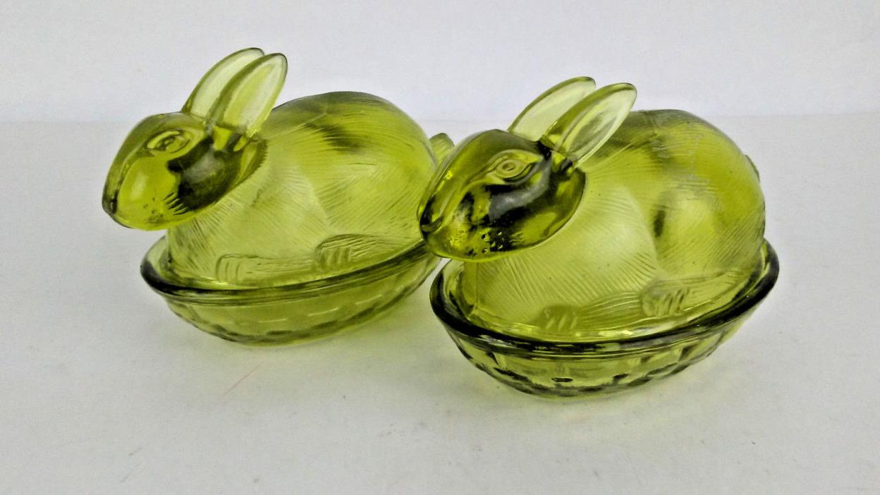 Bunny Rabbit On Nest Covered Candy Dish Depression Glass Green Set of 2