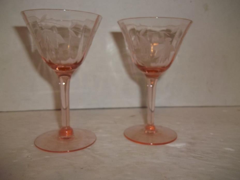 2 Antique Pink Depression Glass Crystal Cordial Etch Floral Optic Ribbed Glasses