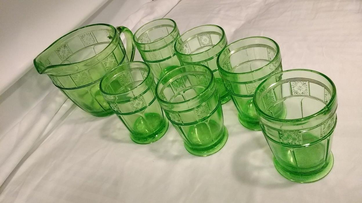 Vintage Green Depression glass Doric Water set. Rare tumblers.