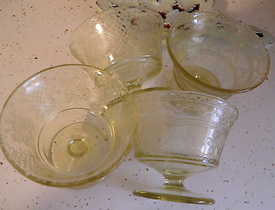4 Vintage Yellow Topaz Gold Footed Stemware Dessert Depression Glasses Dishes