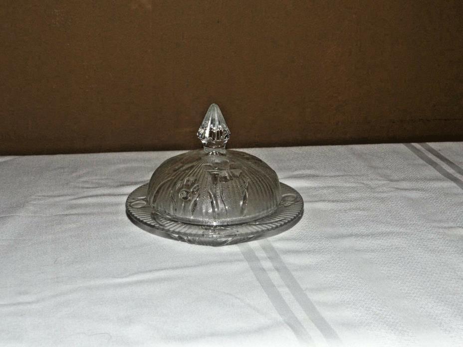 Vintage Jeannette Clear Depression Glass Iris & Herringbone Covered Butter Dish