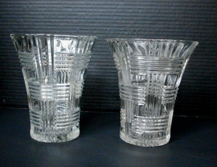 2 Matching Vintage Vases Clear Depression Glass Basket Weave Pattern 6-3/4