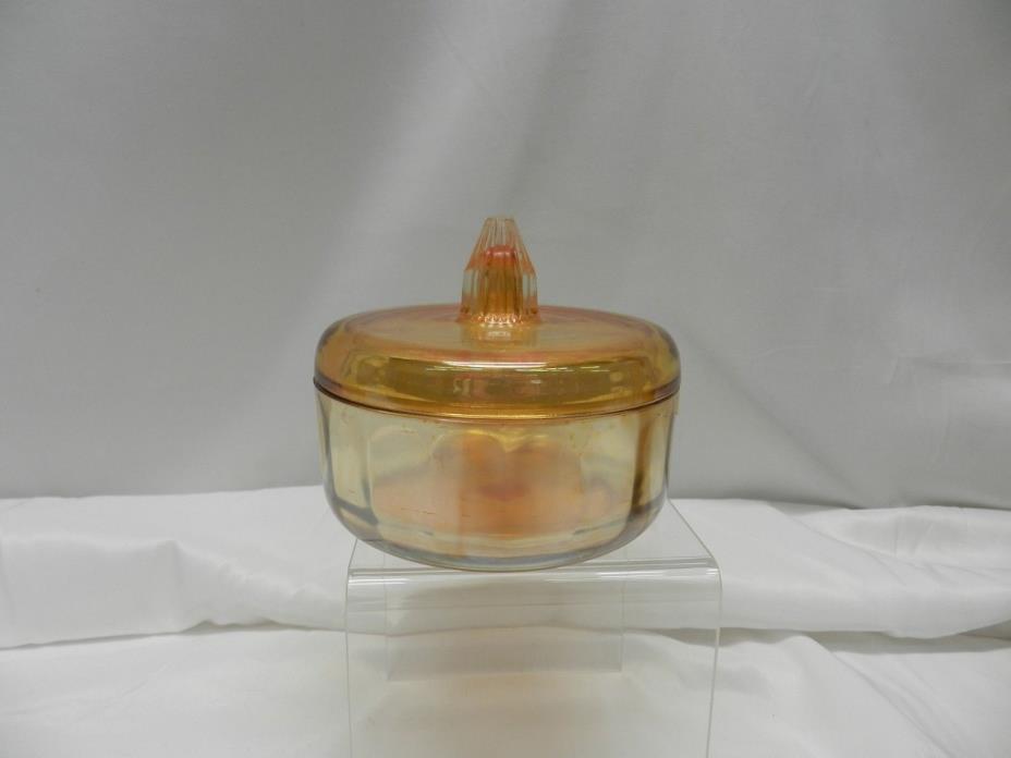 VINTAGE 1930'S JEANETTE IRIS MARIGOLD CARNIVAL GLASS CANDY DISH WITH LID