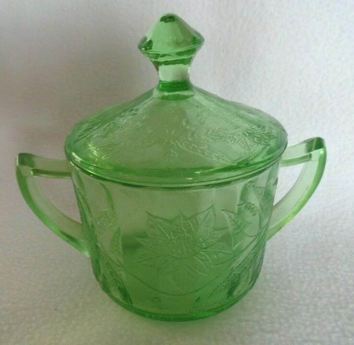 Vintage Jeannette Floral Poinsettia Green Depression Glass Sugar Bowl w/ Lid