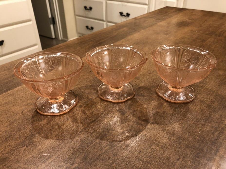 Set of 3 VTG Jeanette Pink Cherry Blossom Depression Glass Footed Dessert Dish