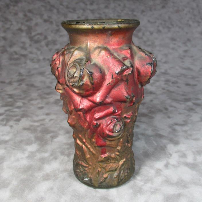 Antique Goofus Glass Vase  Red & Gold Patterned 3D Glass Red Roses 5 inches