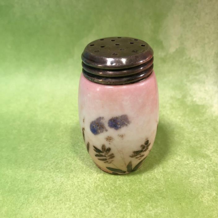B17 Antique EAPG Milk Glass Salt Shaker Barrel Shape Pink Background Short 2-1/2