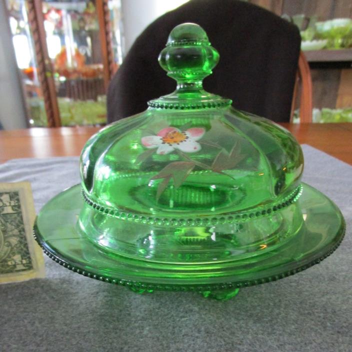 ANTIQUE TARENTUM EMERALD GREEN GEORGIA GEM HAND PAINTED FLOWERS BUTTER DISH