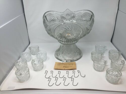 Vintage McKee  Aztec Pattern Glass Punch Bowl with Stand & 12 Cups & 10 Hooks