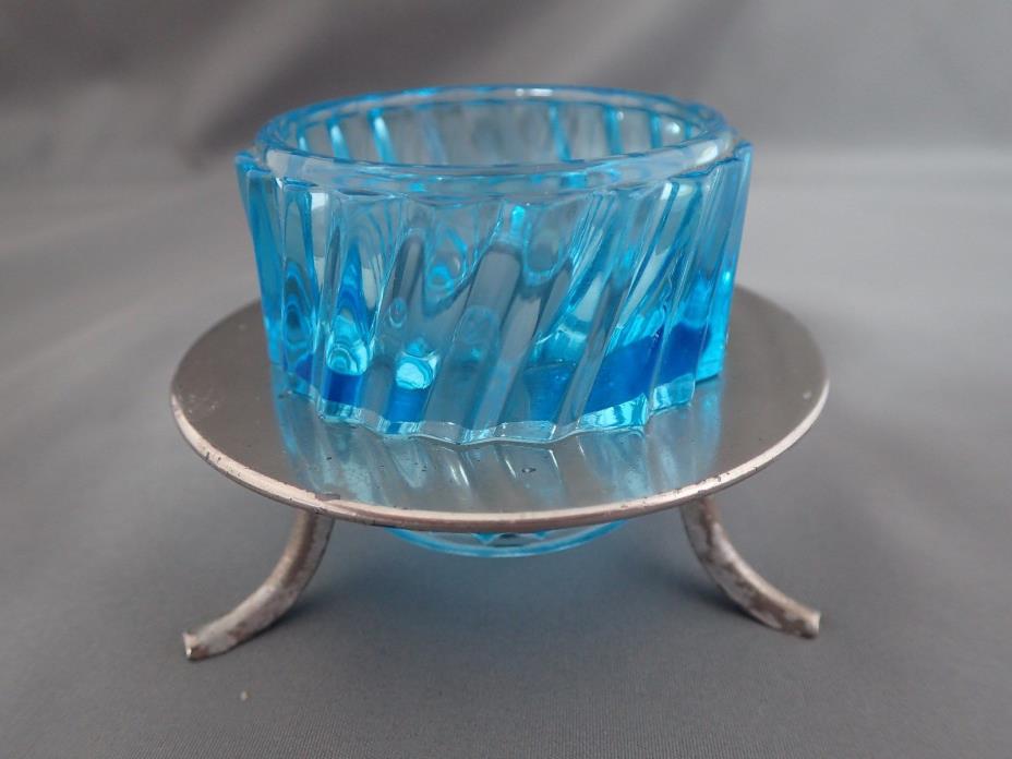 ANTIQUE EAPG PATTERN GLASS BLUE MASTER SALT DIP SILVER PLATE TRIPOD STAND SIGNED