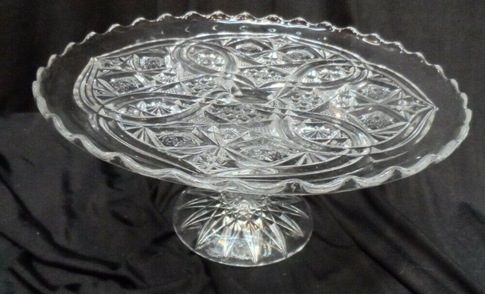 Rexford Fancy Faceted Pattern Glass Pedestal Cake stand J.B. Higbee 1910
