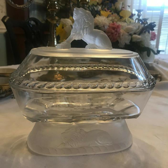 Glass Frosted GILLINDER LION Covered Oval Compote Dish!