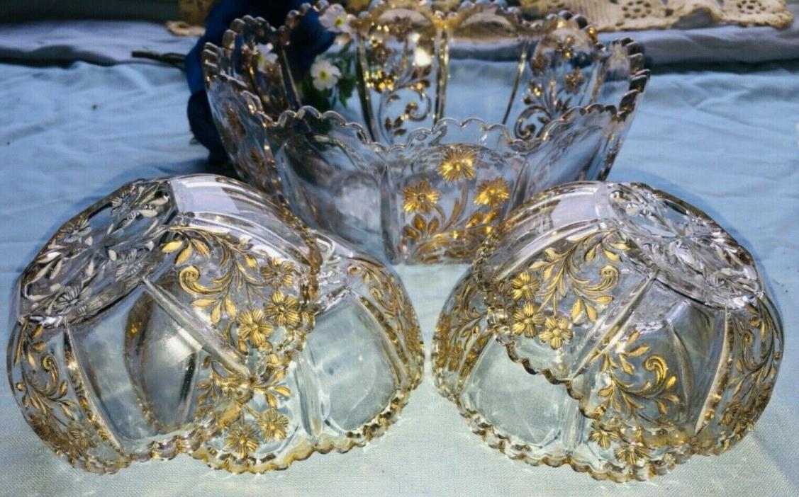 EAPG CRYSTAL BOWL W 4 BERRY BOWLS INTAGLIO DAISY INVERTED GOLD GILDED PATTERNED