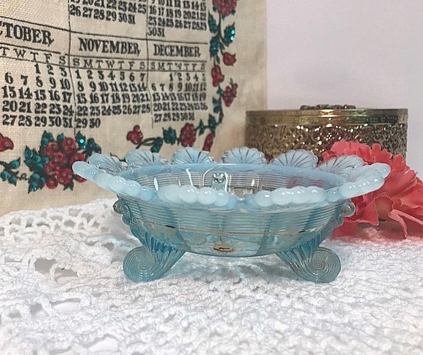 Northwood Mosser Klondyke Fluted Scroll Blue Opalescent Glass Candy Dish  EAPG