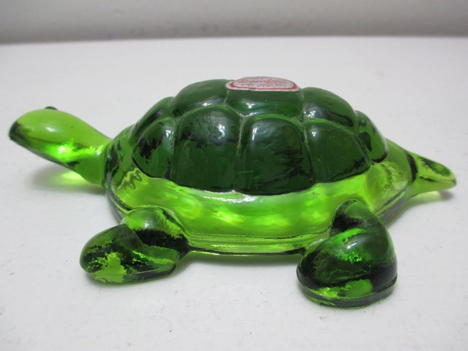 Vintage Rainbow Art Glass Turtle Figurine Green ORIGINAL LABEL 5 1/4