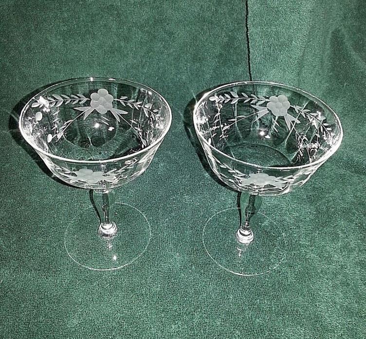 2 ETCHED CRYSTAL Flower & Leaves Fluted Martini~Gimlet~Daiquiri Glasses