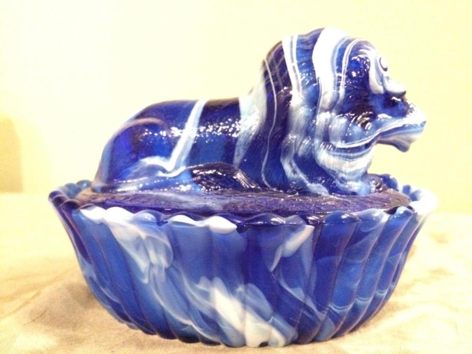 RARE COBALT WESTMORELAND SLAG GLASS LION COVERED CANDY DISH ON A NEST