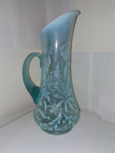 ANTIQUE BLUE OPALESCENT SPANISH LACE PITCHER...LARGE...BEAUTIFUL...13